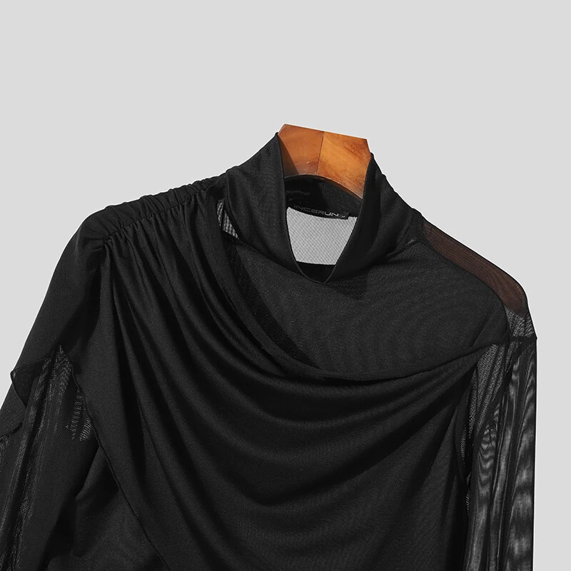 INCERUN Men Cross-Deconstructed Ribbon Design Long Sleeve Top T-shirts Fashion Solid Color See-through High Stretch Clothing for Men — view 8