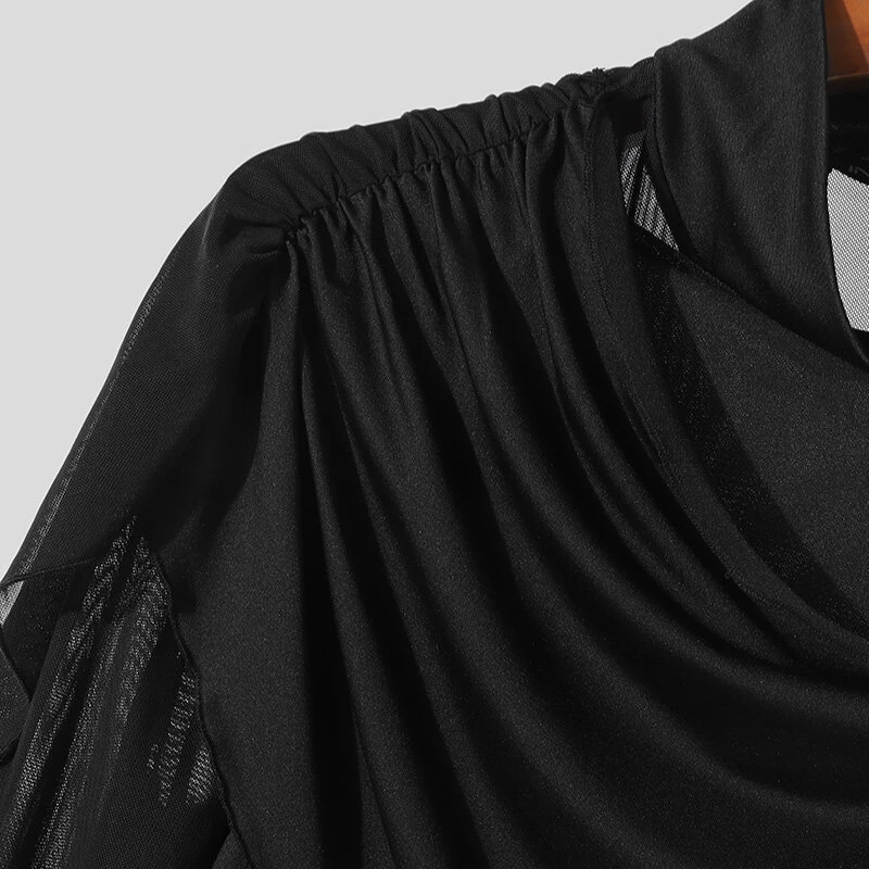 INCERUN Men Cross-Deconstructed Ribbon Design Long Sleeve Top T-shirts Fashion Solid Color See-through High Stretch Clothing for Men — view 9