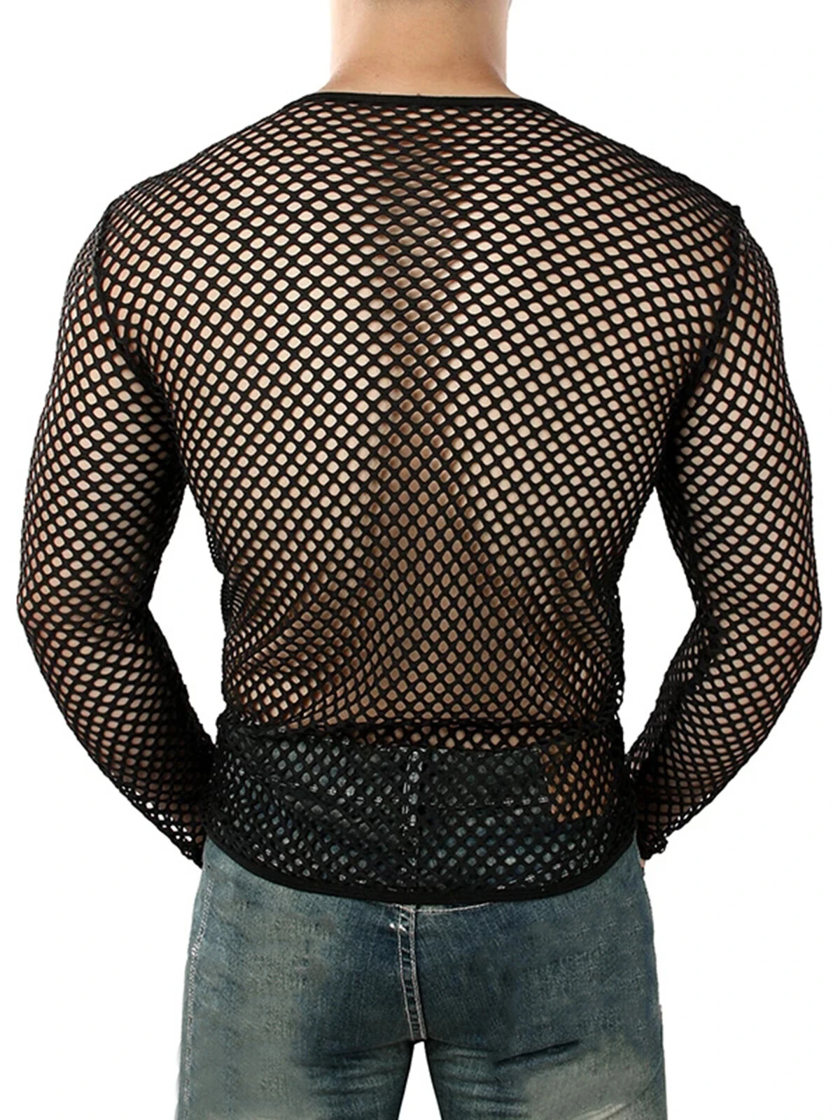 INCERUN Men Fashion Mesh See-through Casual Long Sleeve Hollow Black T-Shirt — view 2