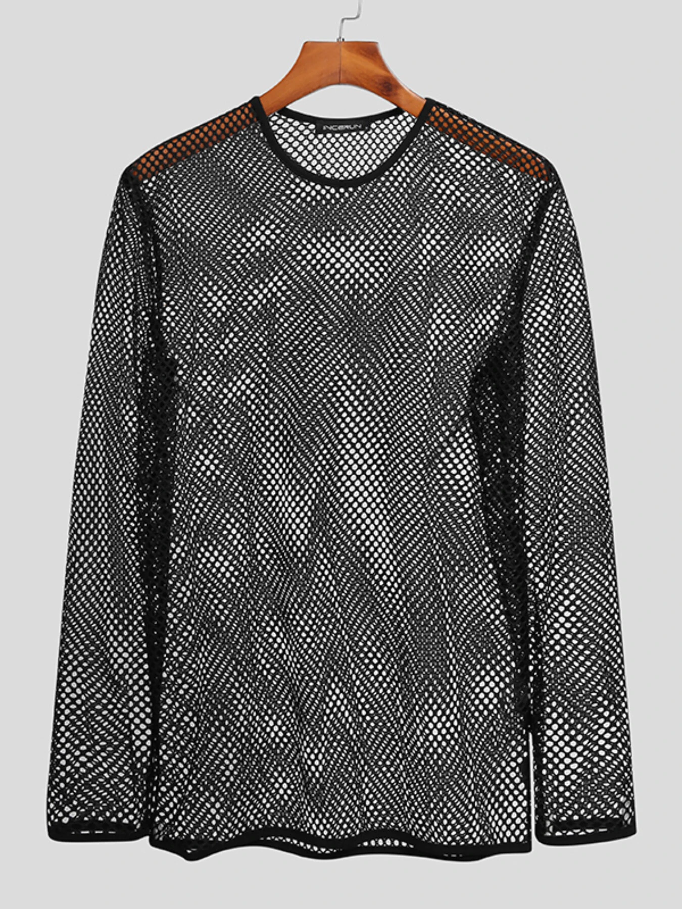 INCERUN Men Fashion Mesh See-through Casual Long Sleeve Hollow Black T-Shirt — view 3