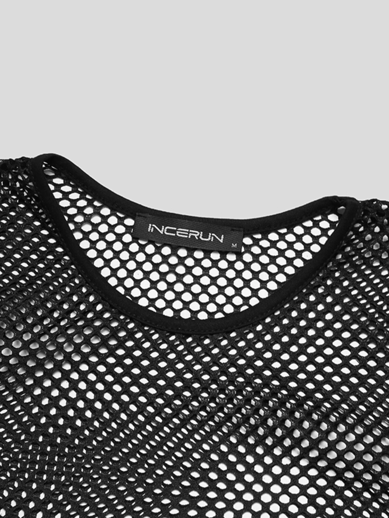 INCERUN Men Fashion Mesh See-through Casual Long Sleeve Hollow Black T-Shirt — view 4