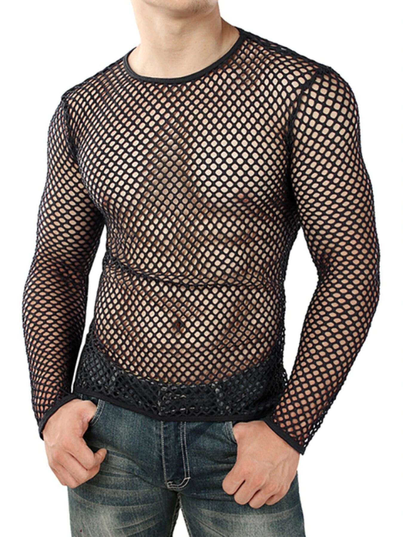 INCERUN Men Fashion Mesh See-through Casual Long Sleeve Hollow Black T-Shirt — view 7