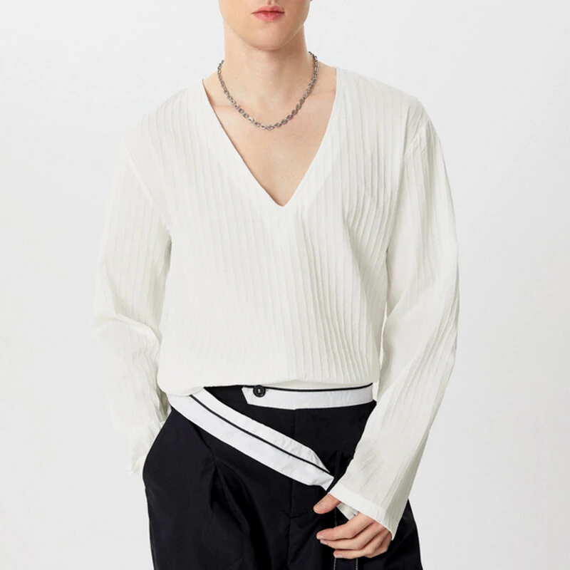 INCERUN Men Fashion V-neck Long Sleeve T-shirt Comfy Loose Fit Solid Color Tshirt Top for Men Plus Size, Spring Fall — view 11