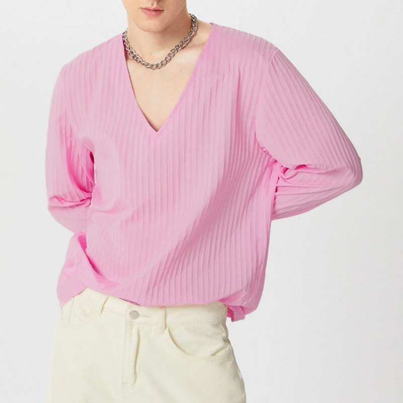 INCERUN Men Fashion V-neck Long Sleeve T-shirt Comfy Loose Fit Solid Color Tshirt Top for Men Plus Size, Spring Fall — view 5