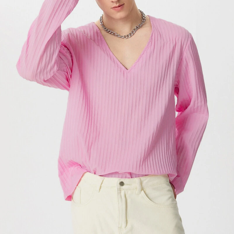 INCERUN Men Fashion V-neck Long Sleeve T-shirt Comfy Loose Fit Solid Color Tshirt Top for Men Plus Size, Spring Fall — view 6