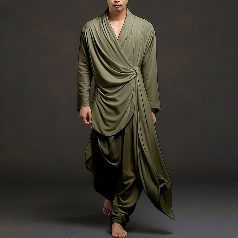 INCERUN Men Irregular Design Two-piece Set Comfortable Solid Color Fabric Long Sleeve Top and Pant with Side Pockets Casual Set for Men Plus Size, Spring Fall — view 2