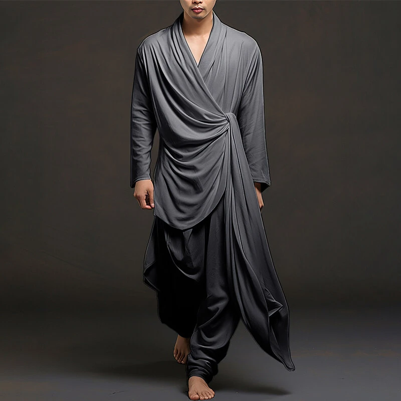 INCERUN Men Irregular Design Two-piece Set Comfortable Solid Color Fabric Long Sleeve Top and Pant with Side Pockets Casual Set for Men Plus Size, Spring Fall — view 3