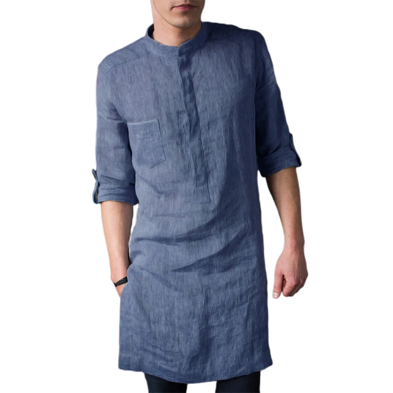 INCERUN Men Islamic Thobe Kaftan Knee Length Maxi Tunic Shirts Gown Stand Collar Long Sleeve Mid Long Casual Shirts — INCERUN
