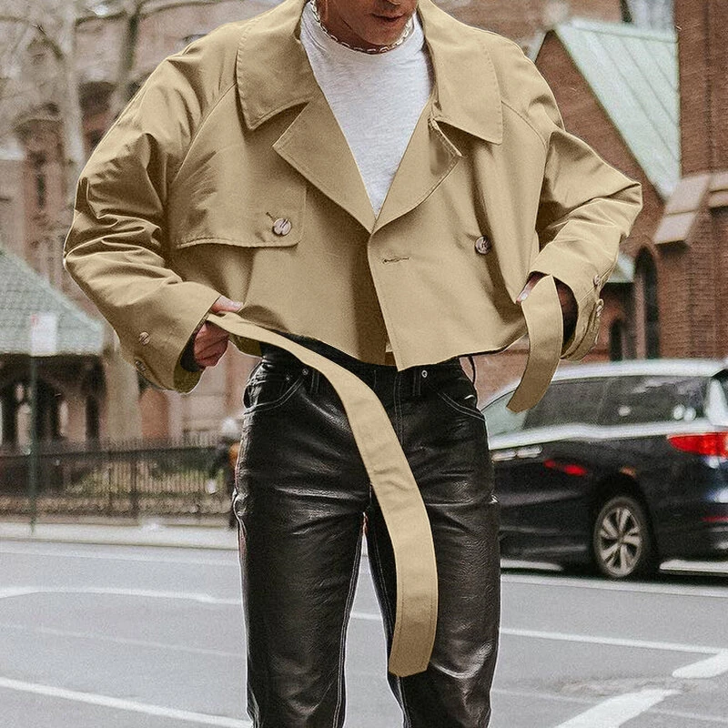 INCERUN Men Jackets Lapel Long Sleeve Solid Color Streetwear Male Short Coats Loose Casual Jackets With Belt S-5XL — INCERUN