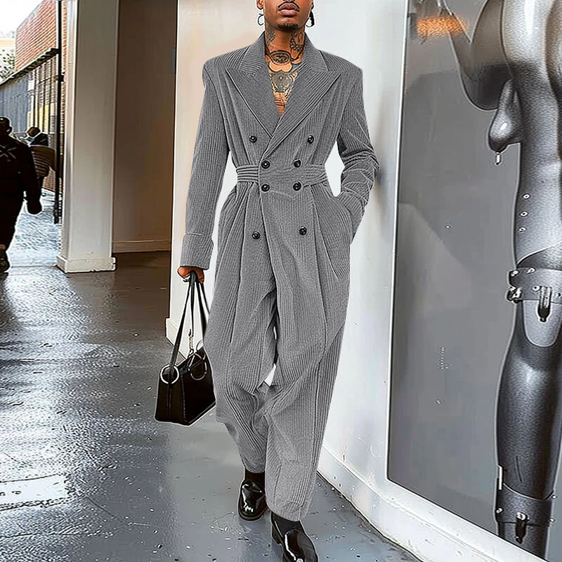 INCERUN Men Jumpsuits Corduroy double-breasted Suit Collar Long-sleeved Casual One-piece Suit for Men with Side Pockets — view 11
