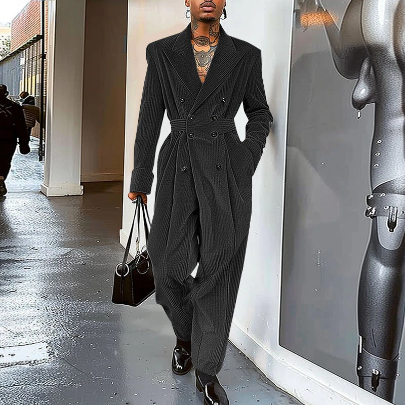 INCERUN Men Jumpsuits Corduroy double-breasted Suit Collar Long-sleeved Casual One-piece Suit for Men with Side Pockets — view 2