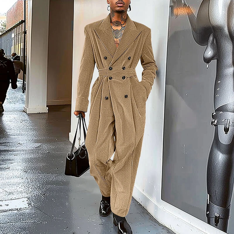 INCERUN Men Jumpsuits Corduroy double-breasted Suit Collar Long-sleeved Casual One-piece Suit for Men with Side Pockets — view 3
