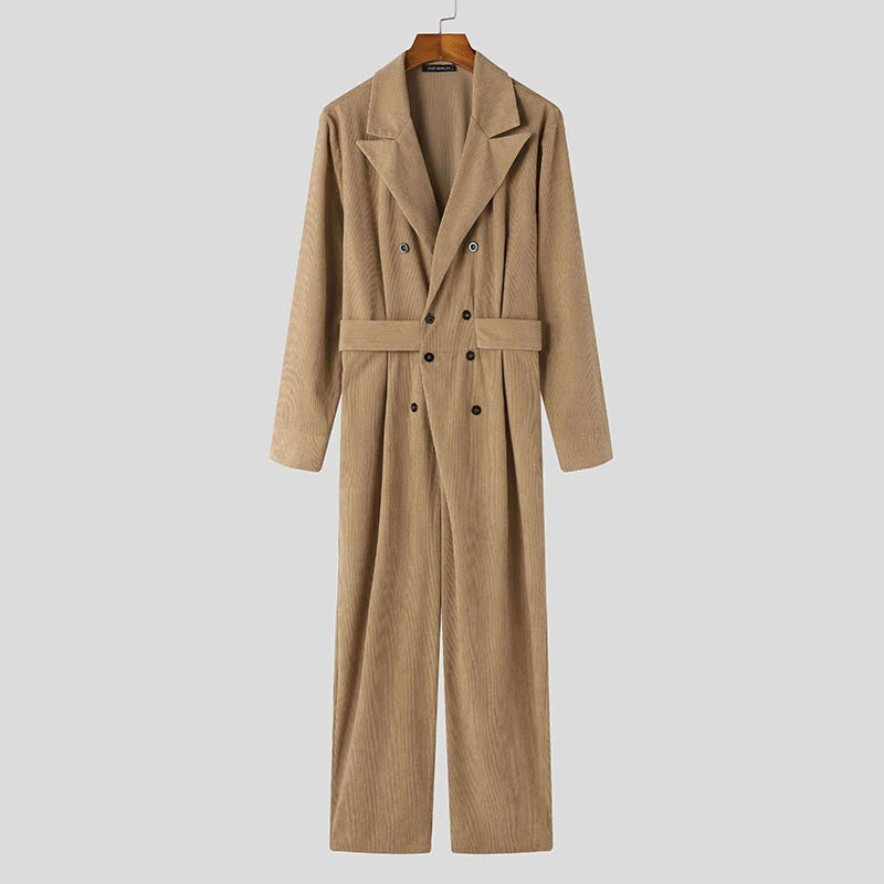 INCERUN Men Jumpsuits Corduroy double-breasted Suit Collar Long-sleeved Casual One-piece Suit for Men with Side Pockets — view 4