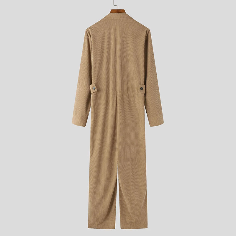 INCERUN Men Jumpsuits Corduroy double-breasted Suit Collar Long-sleeved Casual One-piece Suit for Men with Side Pockets — view 5