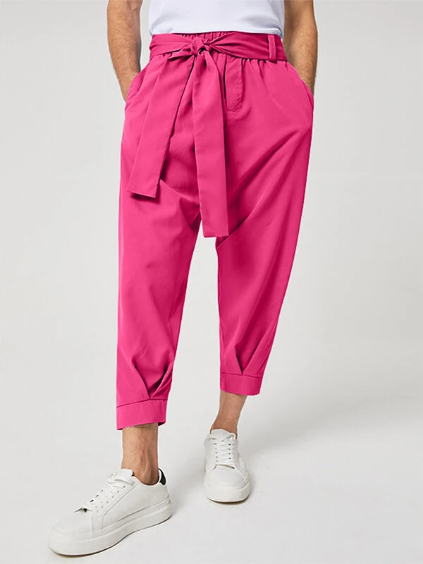 INCERUN Men Pants Fashion Solid Color Bow Knot Trousers Men Streetwear Elastic Waist Harem Pants — view 10