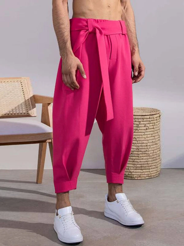 INCERUN Men Pants Fashion Solid Color Bow Knot Trousers Men Streetwear Elastic Waist Harem Pants — view 3