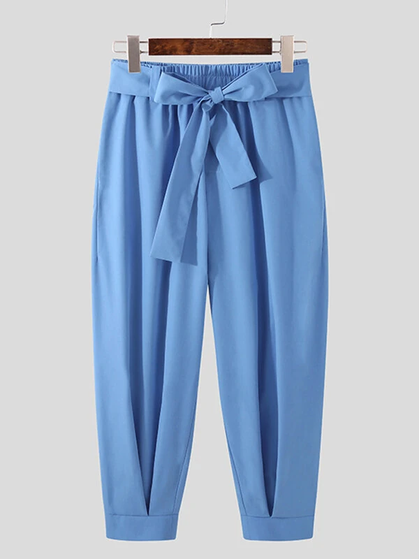 INCERUN Men Pants Fashion Solid Color Bow Knot Trousers Men Streetwear Elastic Waist Harem Pants — view 4