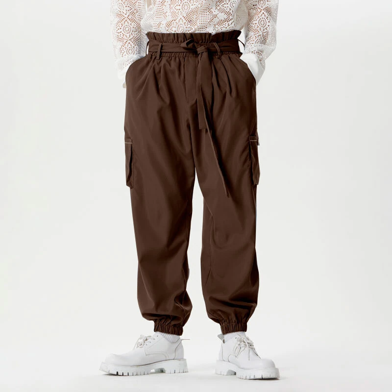 INCERUN Men Pants Tie Design Solid Color Casual Elastic Trousers Comfy Daily Solid Color Pants with Side Pockets — view 5