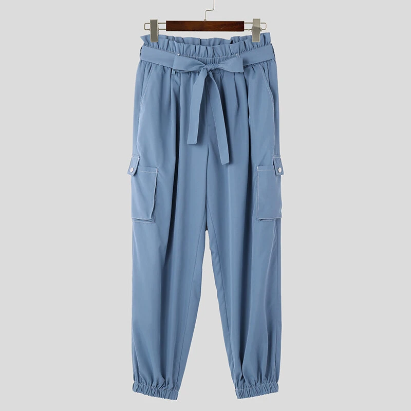 INCERUN Men Pants Tie Design Solid Color Casual Elastic Trousers Comfy Daily Solid Color Pants with Side Pockets — view 7