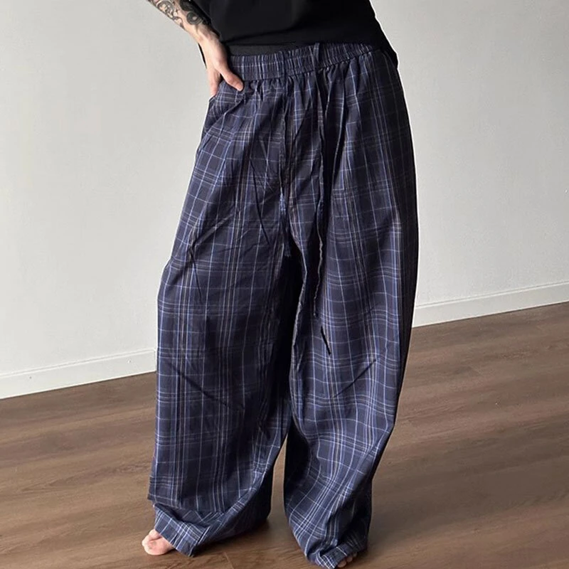 INCERUN Men Plaid Pants Comfortable Elastic Waist Pockets Trousers Casial Loose Fit Wide Leg Home Pant for Big Men Daily Large Size S-5XL — view 11