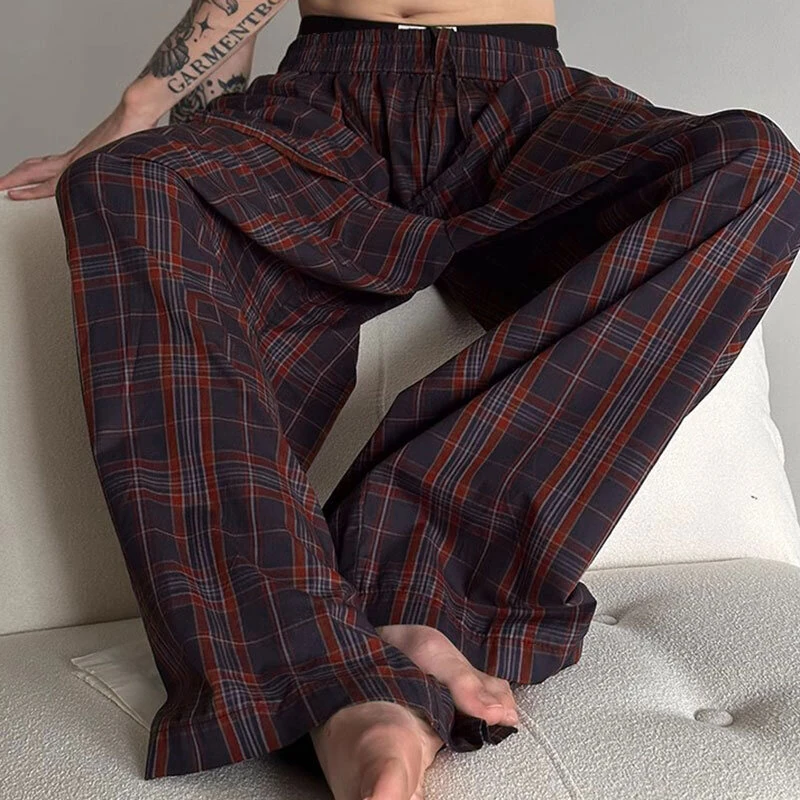 INCERUN Men Plaid Pants Comfortable Elastic Waist Pockets Trousers Casial Loose Fit Wide Leg Home Pant for Big Men Daily Large Size S-5XL — view 4