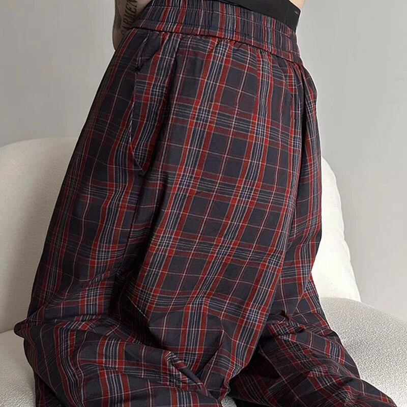 INCERUN Men Plaid Pants Comfortable Elastic Waist Pockets Trousers Casial Loose Fit Wide Leg Home Pant for Big Men Daily Large Size S-5XL — view 5