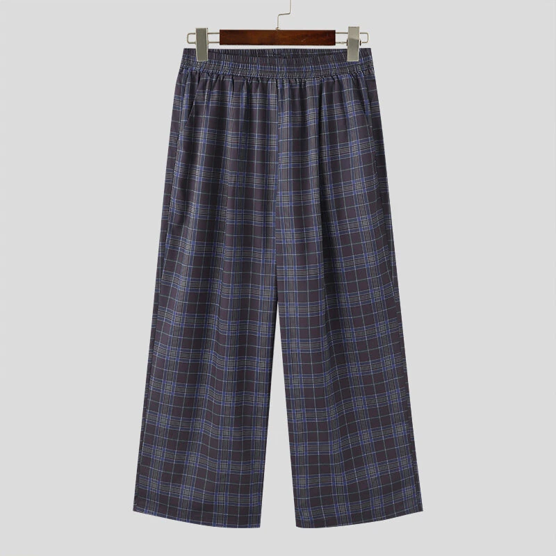 INCERUN Men Plaid Pants Comfortable Elastic Waist Pockets Trousers Casial Loose Fit Wide Leg Home Pant for Big Men Daily Large Size S-5XL — view 7