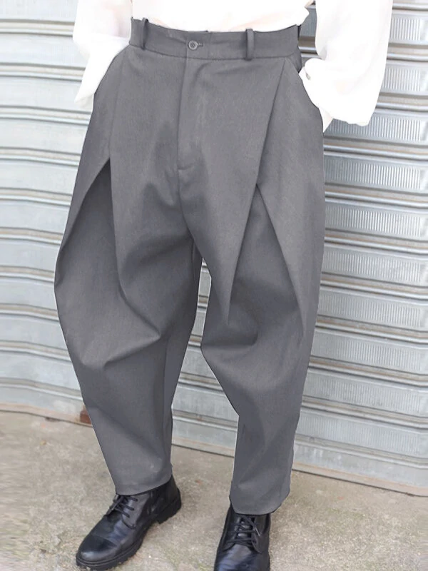 INCERUN Men Plain Cross Pleated High Waist Loose Fit Pants — image 1