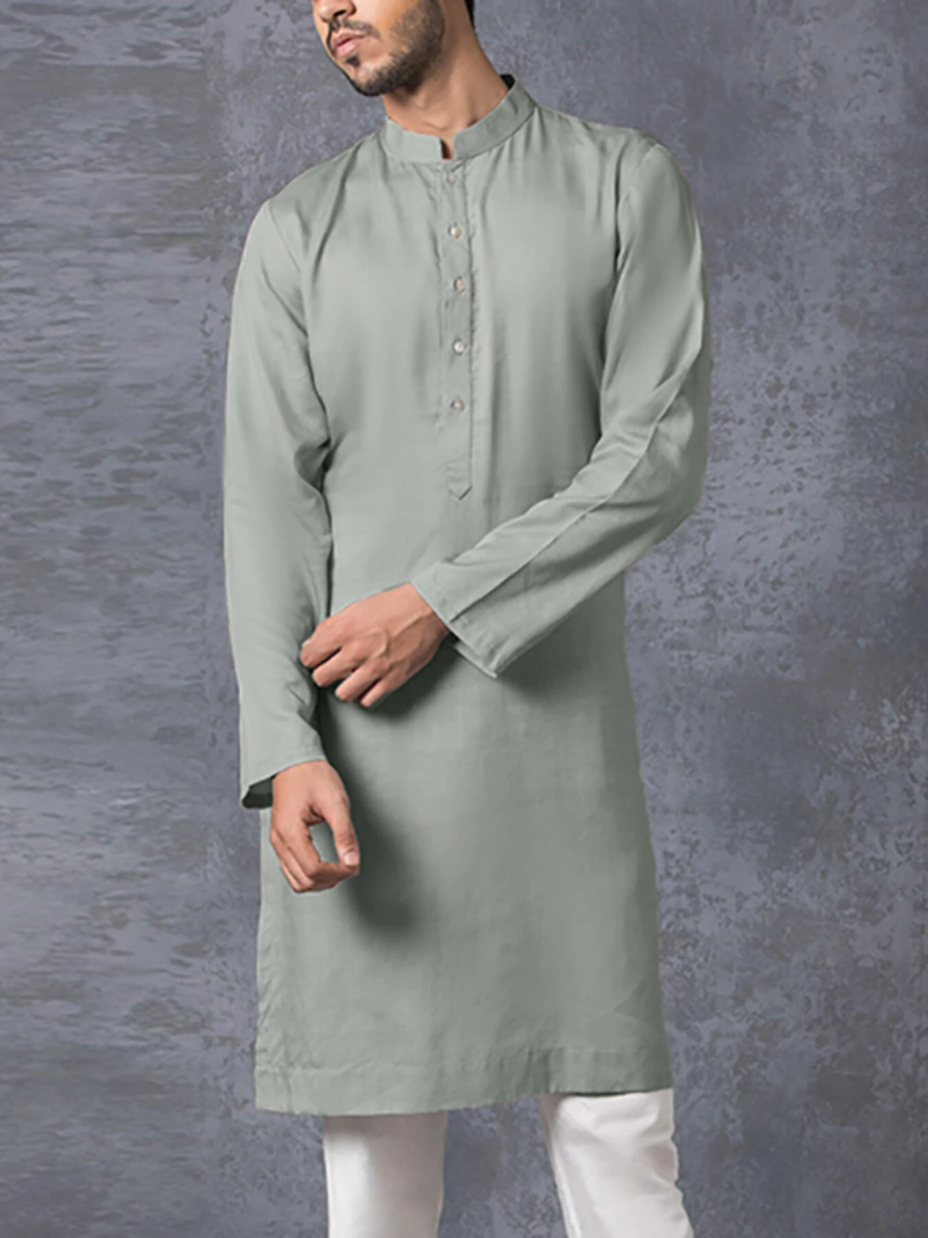INCERUN Men Robes Long Sleeve Solid Color Long Tops Stand Collar Button Long Shirt with Side Pocket Casual Daily Male Robes — view 2