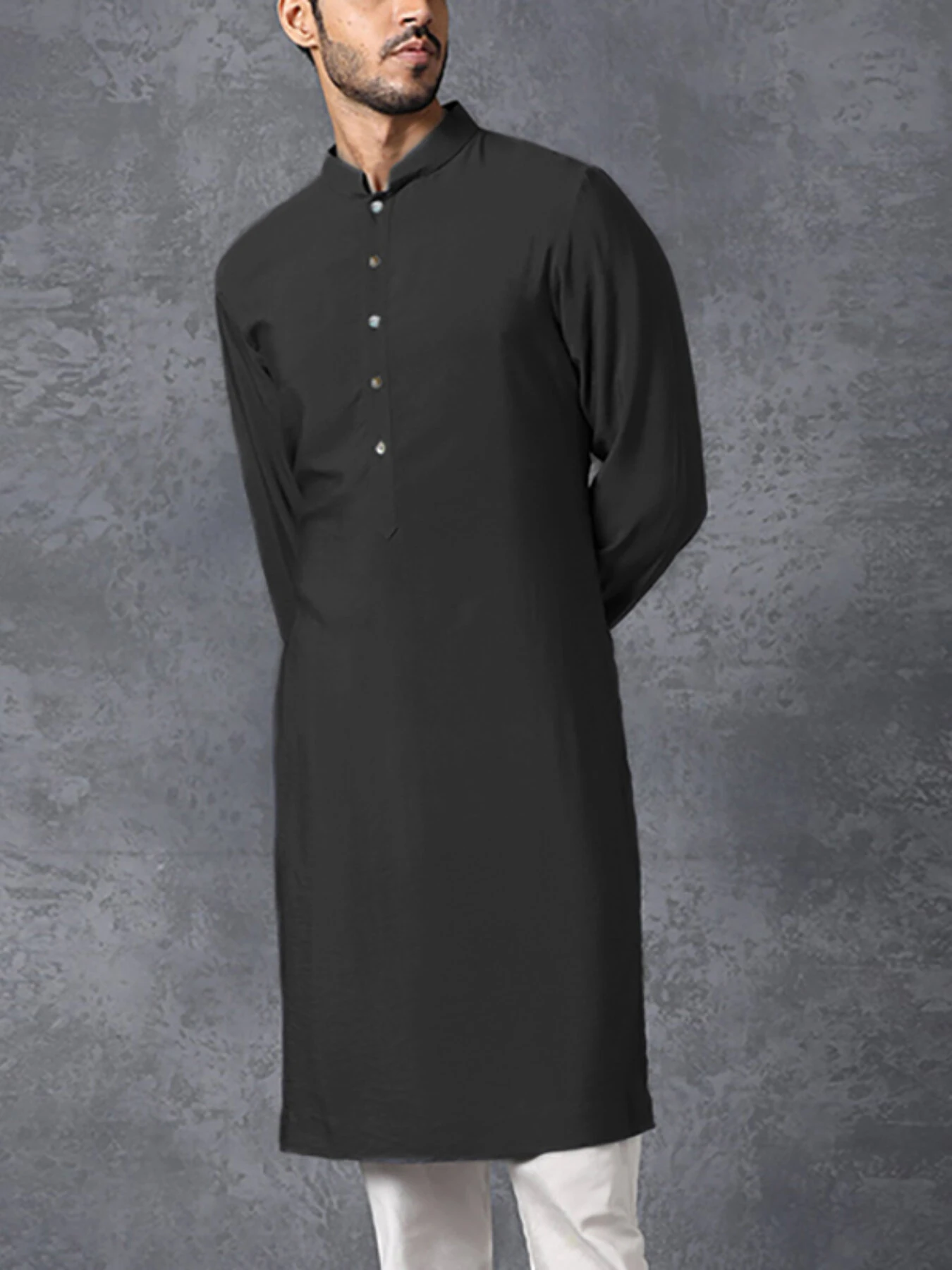 INCERUN Men Robes Long Sleeve Solid Color Long Tops Stand Collar Button Long Shirt with Side Pocket Casual Daily Male Robes — view 3