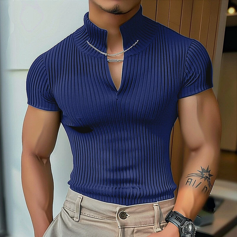 INCERUN Men's Solid Color Knitted Half Turtleneck Chain Deco Short Sleeve T-Shirt — view 2