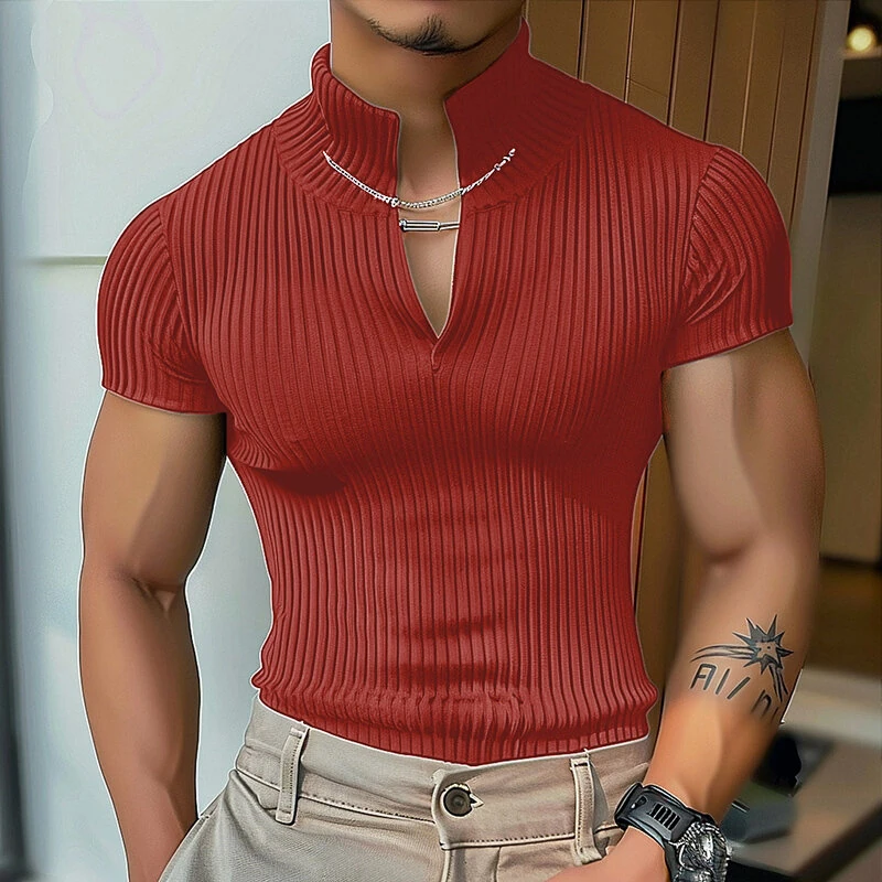 INCERUN Men's Solid Color Knitted Half Turtleneck Chain Deco Short Sleeve T-Shirt — view 3