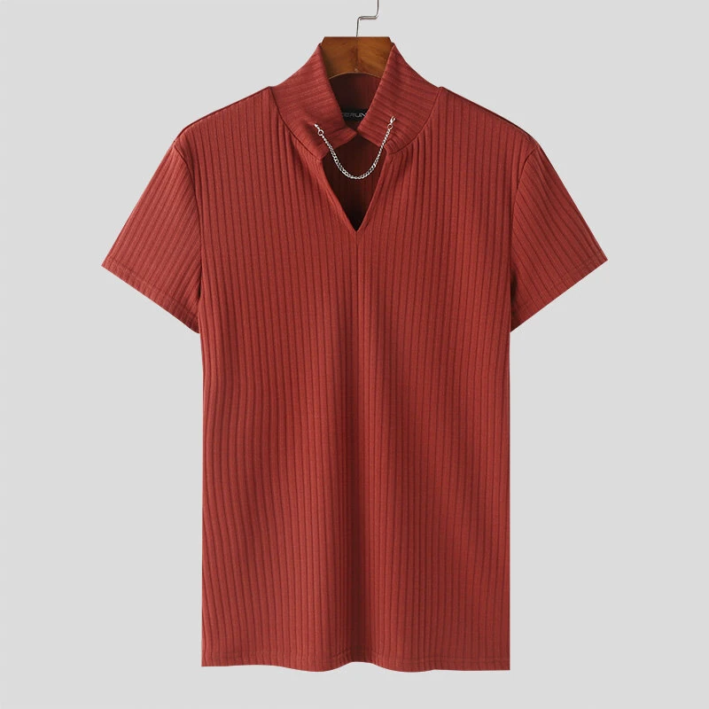 INCERUN Men's Solid Color Knitted Half Turtleneck Chain Deco Short Sleeve T-Shirt — view 4