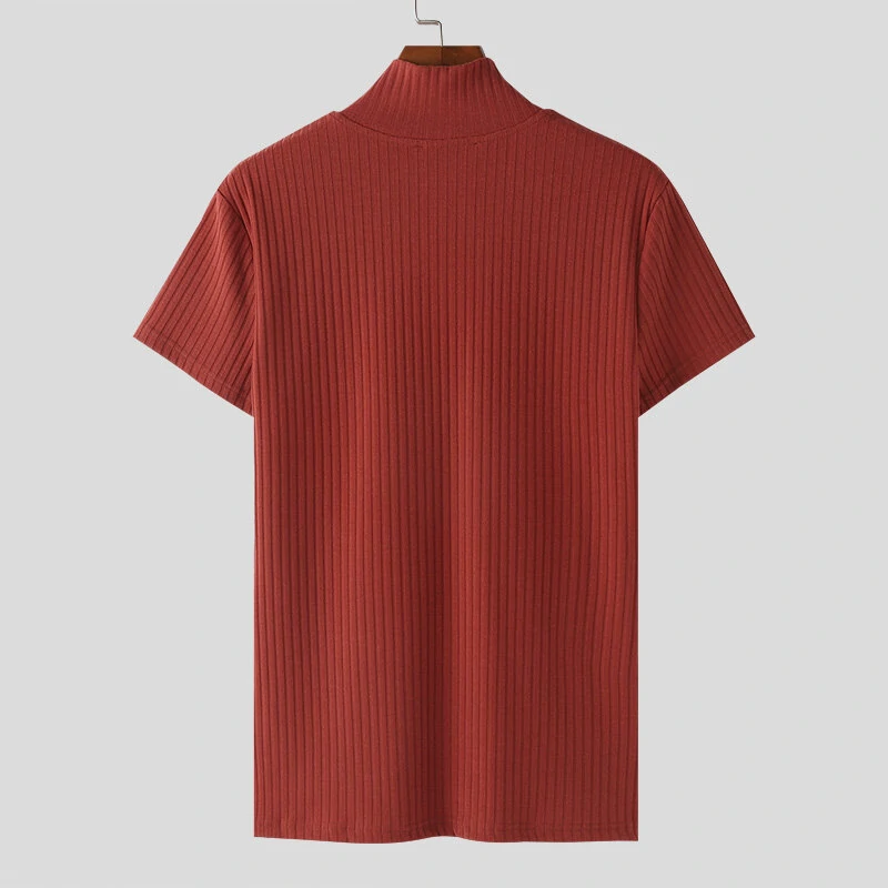 INCERUN Men's Solid Color Knitted Half Turtleneck Chain Deco Short Sleeve T-Shirt — view 5
