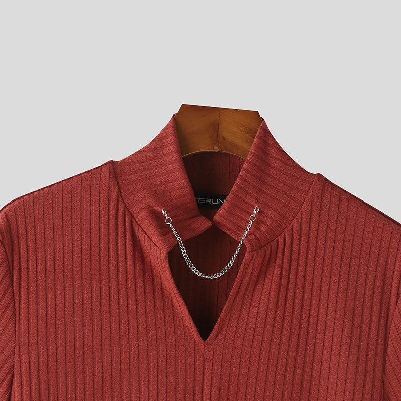 INCERUN Men's Solid Color Knitted Half Turtleneck Chain Deco Short Sleeve T-Shirt — view 6
