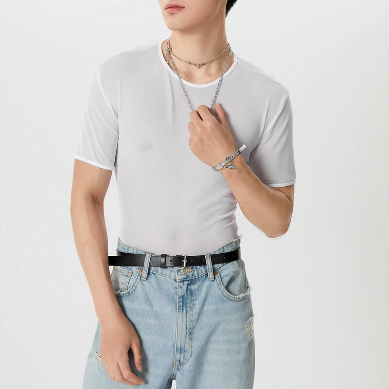 INCERUN Men's T-shirt Solid Color Crew Neck Short Sleeve T-shirt with Design See Through Fabric, Chic Tops Suitable for Summer Nightclubs Leisurewear — view 10