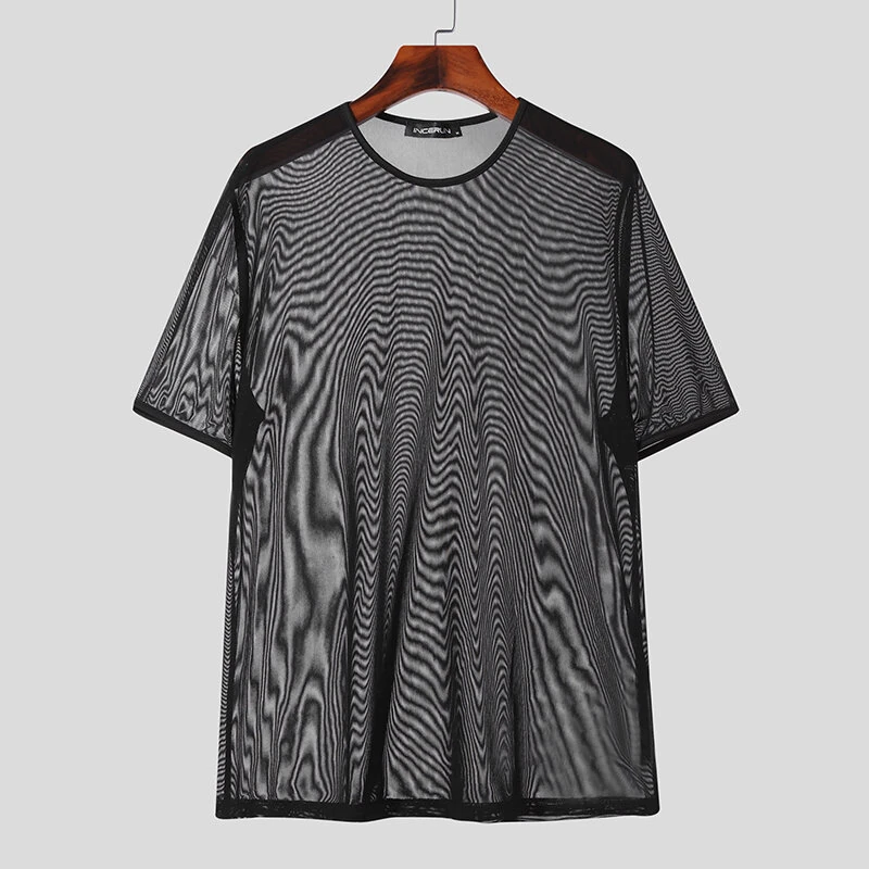 INCERUN Men's T-shirt Solid Color Crew Neck Short Sleeve T-shirt with Design See Through Fabric, Chic Tops Suitable for Summer Nightclubs Leisurewear — view 3
