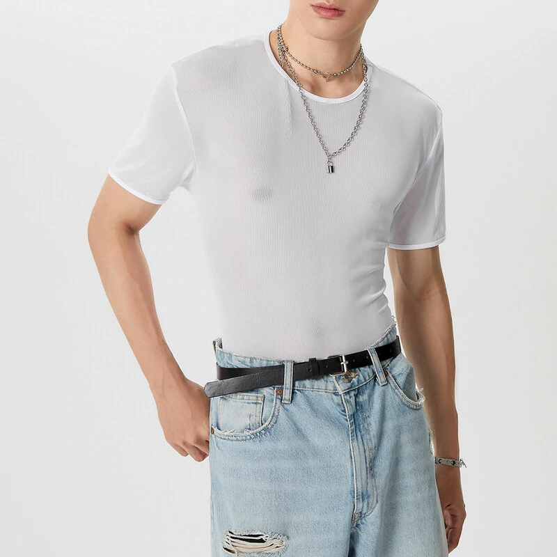 INCERUN Men's T-shirt Solid Color Crew Neck Short Sleeve T-shirt with Design See Through Fabric, Chic Tops Suitable for Summer Nightclubs Leisurewear — view 9