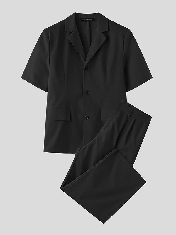 INCERUN Men Sets Short Sleeve Men Suit & Pant Mens Fashion Simple Solid Color Suits Two Pieces Outfits  Men's Casual Suits S-5XL — view 2