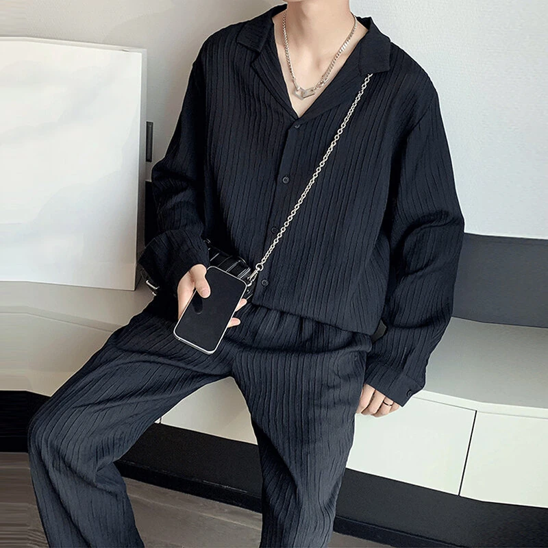 INCERUN Men Sets Solid Color Fashion Lapel Long Sleeve Shirt & Pants 2PCS Pleated Loose Streetwear Men Casual Suits S-5XL — view 11