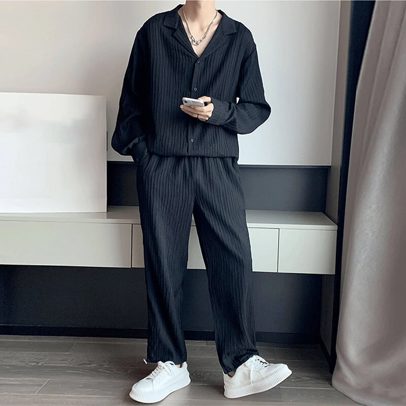 INCERUN Men Sets Solid Color Fashion Lapel Long Sleeve Shirt & Pants 2PCS Pleated Loose Streetwear Men Casual Suits S-5XL — view 2