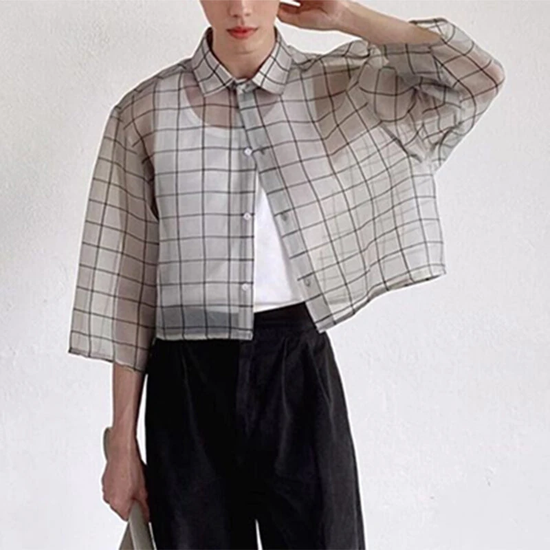INCERUN Men Shirt Mesh Transparent Plaid Lapel 3/4 Sleeve Short Shirt Fashion Casual Men Clothing Loose Button Camisas — INCERUN