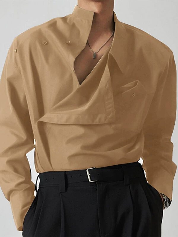 INCERUN Men Shirts Fashion Solid Color Lapel Shirt Top Daily Long Sleeve Shirt Mens Clothing with Pocket Casual Men's Suits — view 2