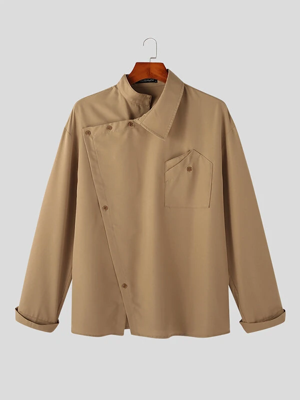 INCERUN Men Shirts Fashion Solid Color Lapel Shirt Top Daily Long Sleeve Shirt Mens Clothing with Pocket Casual Men's Suits — view 4