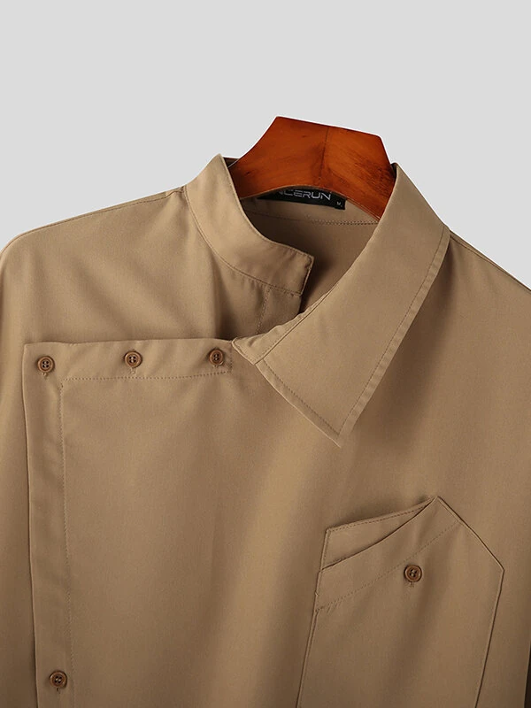 INCERUN Men Shirts Fashion Solid Color Lapel Shirt Top Daily Long Sleeve Shirt Mens Clothing with Pocket Casual Men's Suits — view 5