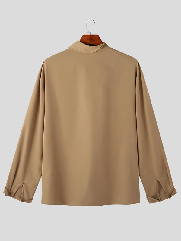 INCERUN Men Shirts Fashion Solid Color Lapel Shirt Top Daily Long Sleeve Shirt Mens Clothing with Pocket Casual Men's Suits — view 8