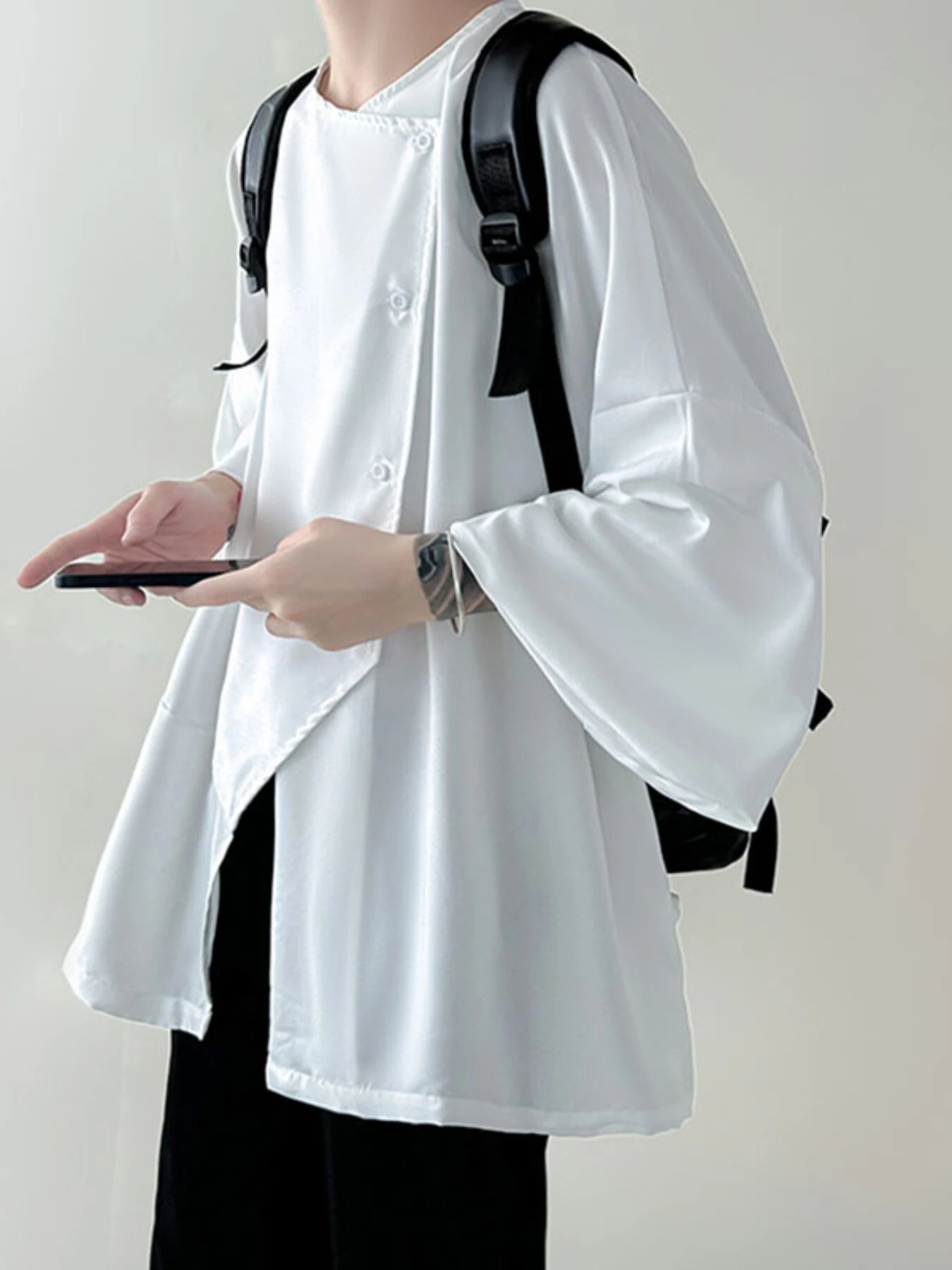 INCERUN Men Shirts Irregular Slant Buttoned Round Neck Top Shirt Long Sleeve Daily Shirts Casual Loose Men Clothing — view 2