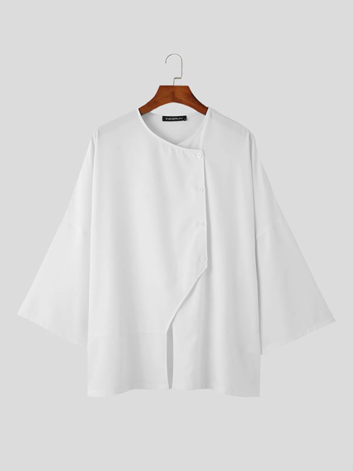 INCERUN Men Shirts Irregular Slant Buttoned Round Neck Top Shirt Long Sleeve Daily Shirts Casual Loose Men Clothing — view 4