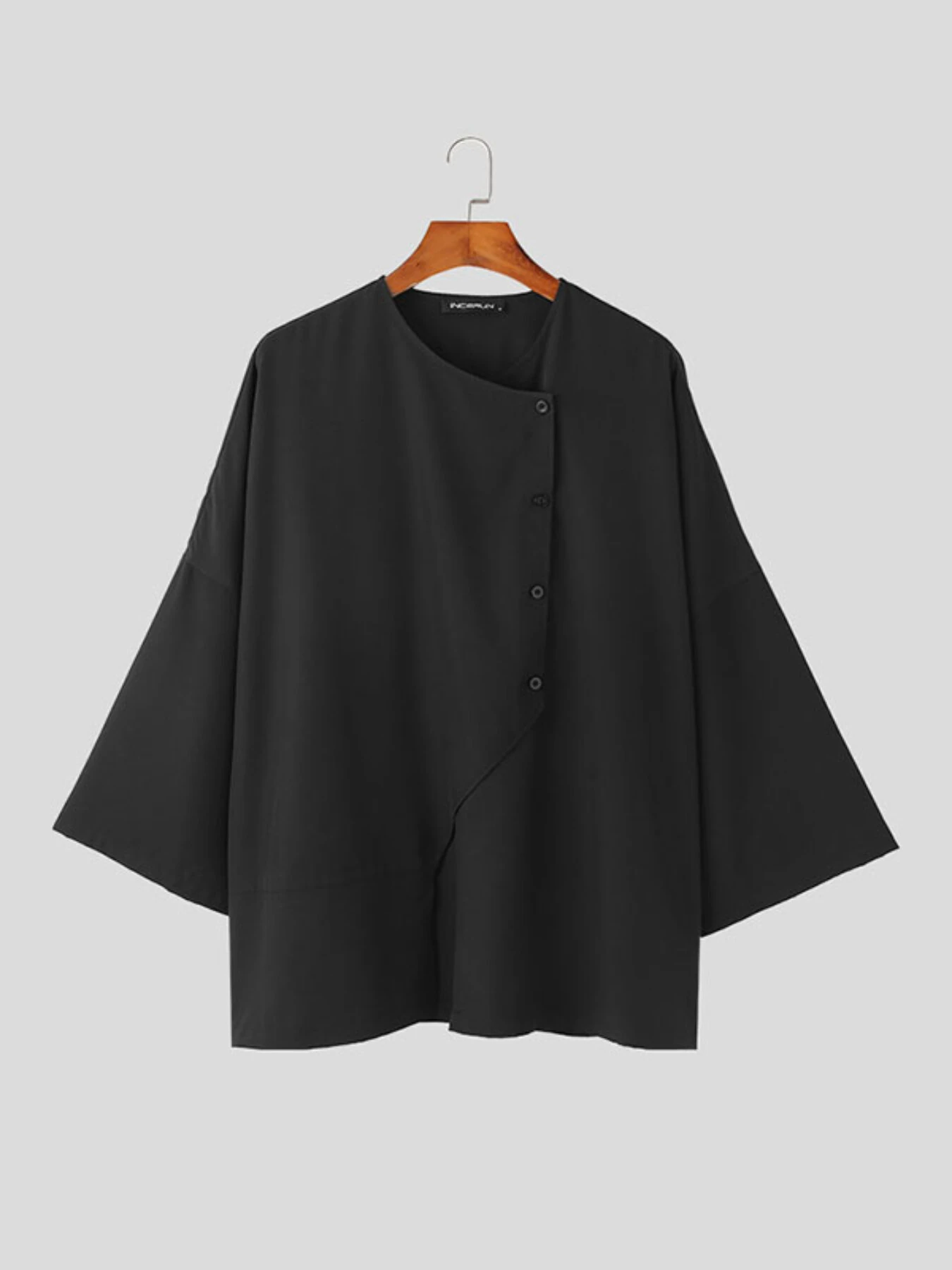 INCERUN Men Shirts Irregular Slant Buttoned Round Neck Top Shirt Long Sleeve Daily Shirts Casual Loose Men Clothing — view 5