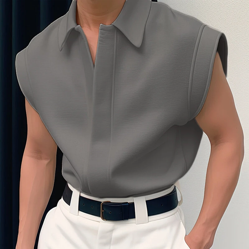 INCERUN Men Shirts Solid Color Sleeveless Shirt Casual Daily Lapel Streetwear Shirt Mens Clothing Summer Male Shirts — view 2